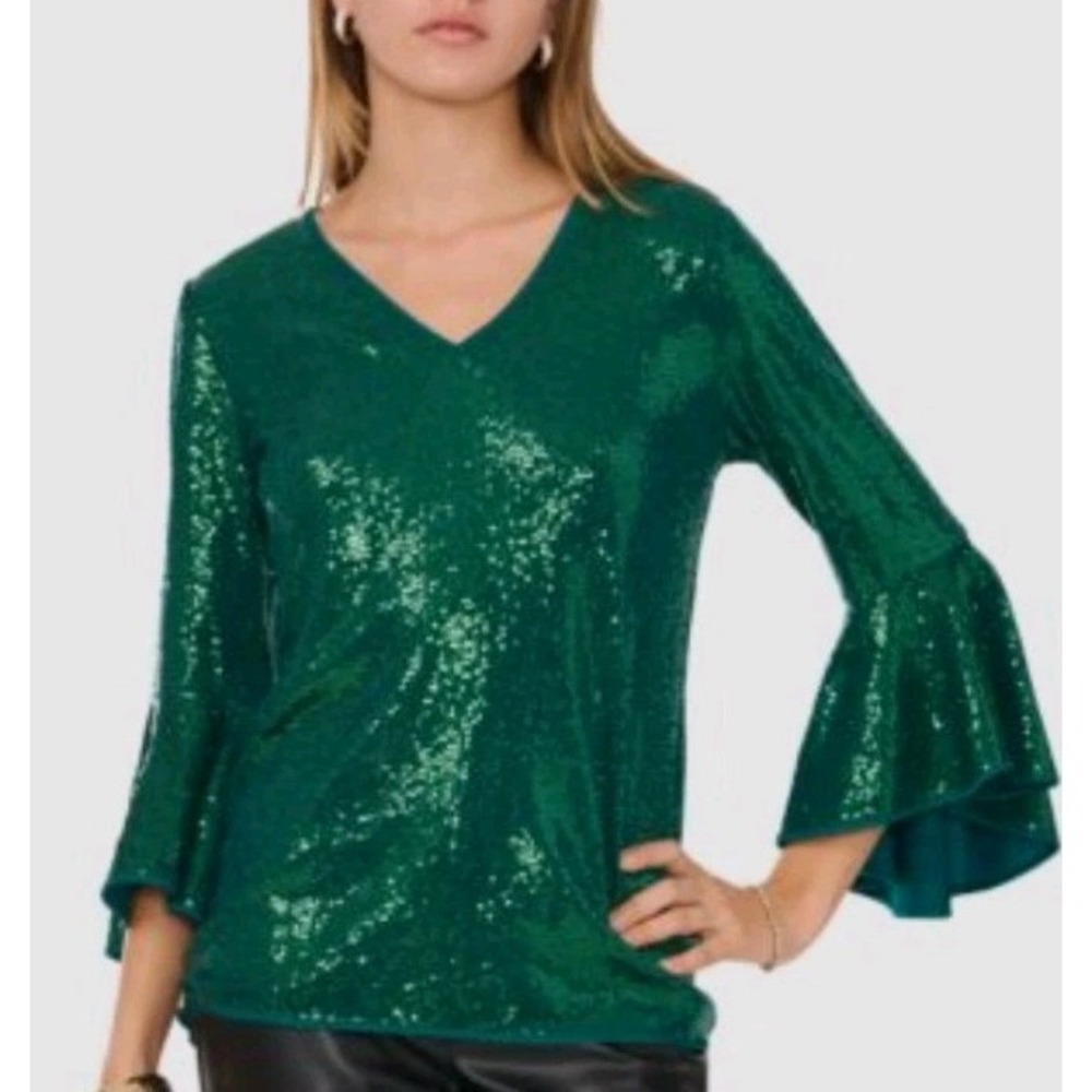 NWT Vince Camuto  Emerald Green Sequin Bell Sleeve Plus Size Top Sz 2X